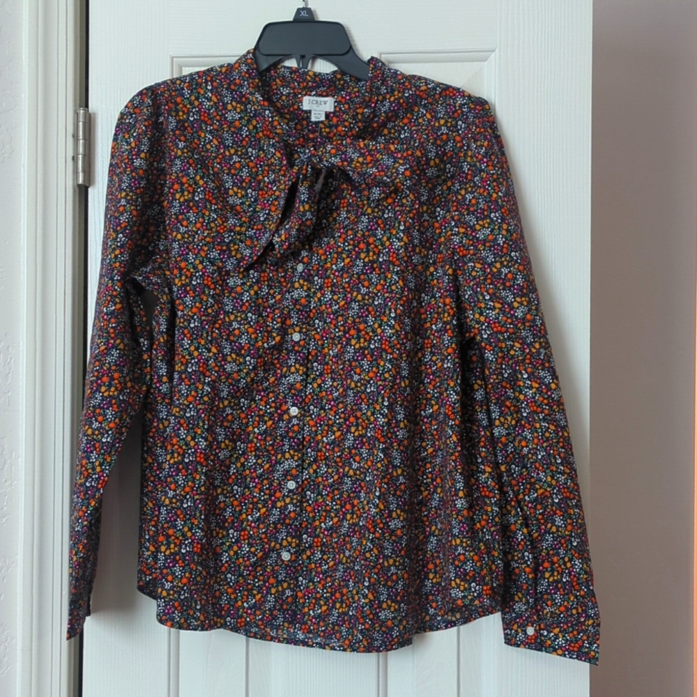 NWT JCrew Factory Bow Tie-Neck Top in Antique Navy Multicolor